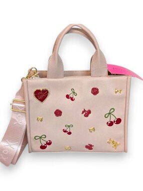 Betsy Johnson Embroidered Cherries Gold Bow Roses Hand Bag Crossbody Purse Pink